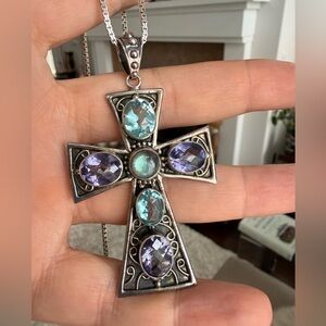 Nicky Butler 925 Silver Cross Pendant Necklace with Gemstones-signed, stamped